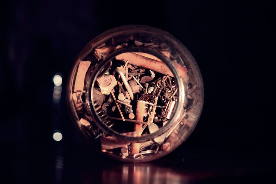 Bottle, Screws, Jar, Tool, Glass, Dark, texture, circular, old HD wallpaper