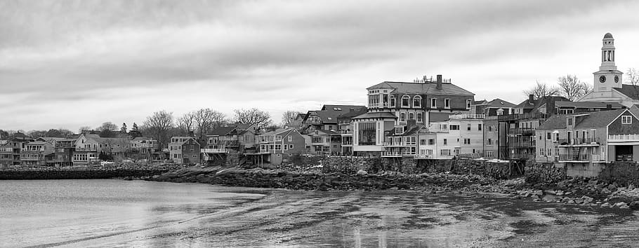 monochrome, black and white, panoramic, nature, water, rockport, HD wallpaper