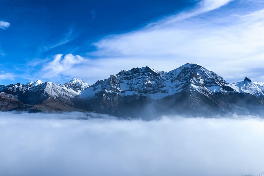 mountain digital wallpaper, snow, cloud, peak, summit, winter HD wallpaper