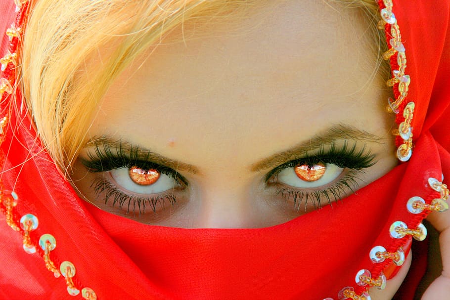woman covering face with red textile, eye, gene, vampire, portrait HD wallpaper