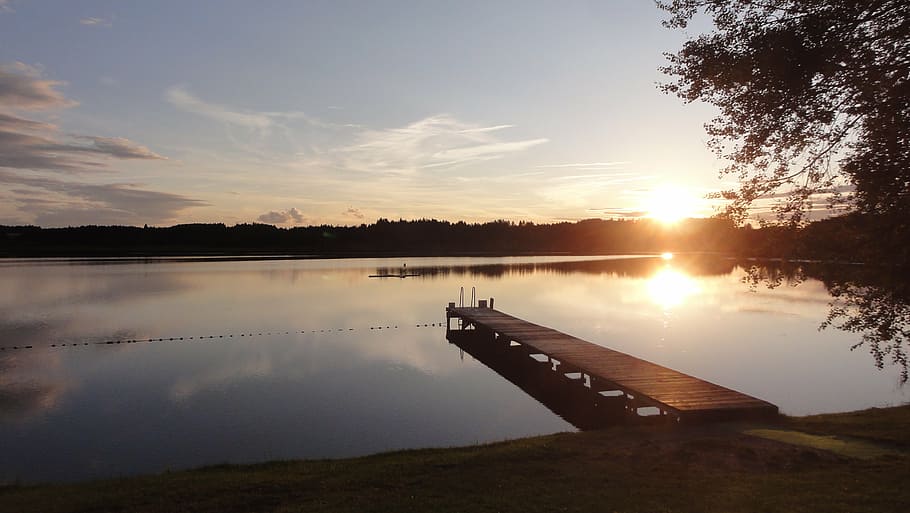 sunset, web, lake, bank, nature, outdoors, landscape, water HD wallpaper