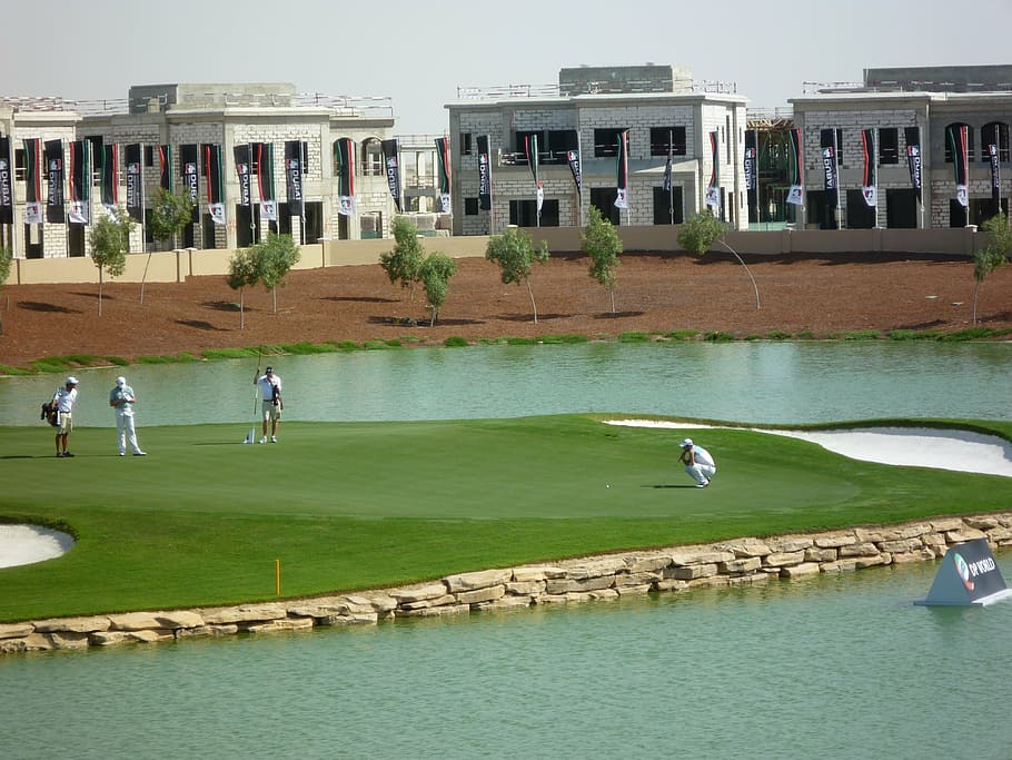 golf, dubai, flag, grass, course, green, hole, putter, golfer