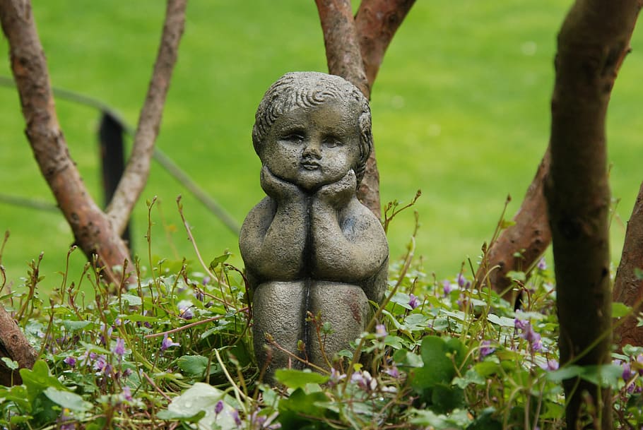 girl statue on grass field, image, brass, child, art, work of art HD wallpaper