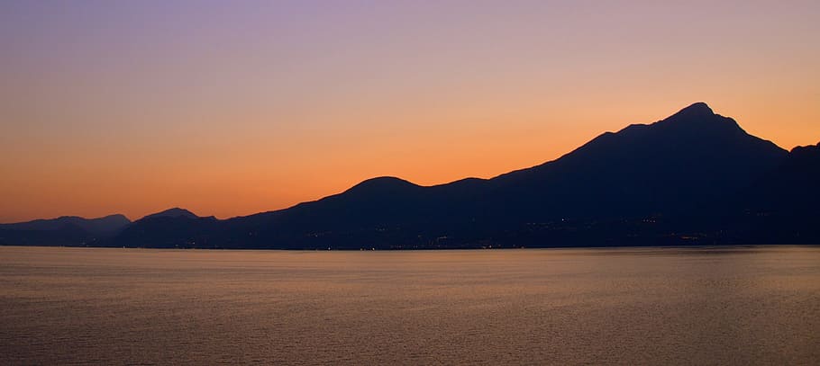 sunset, lake, mountain, twilight, sky, landscape, italy, garda HD wallpaper