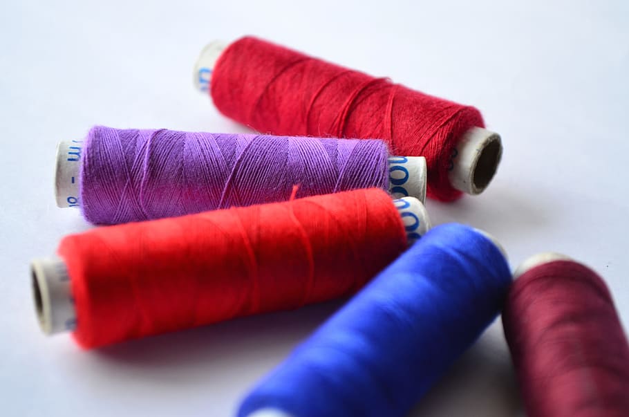 selective photo of thread spools, threads, colorful, sewing HD wallpaper
