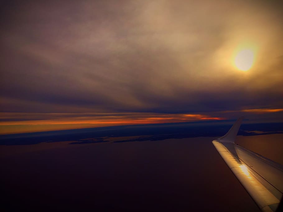 sun, sky, yellow, nature, light, plane, flight, horizon, sunset HD wallpaper