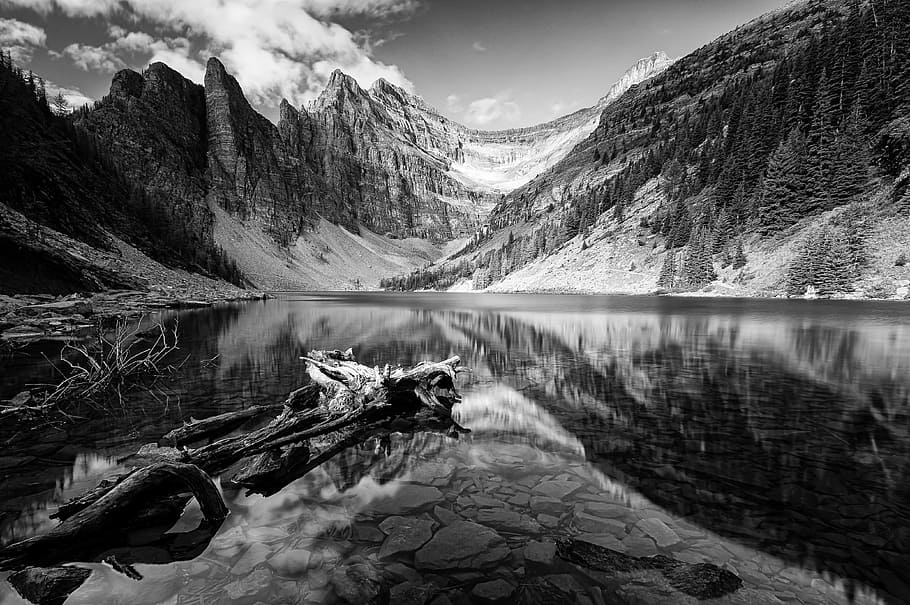 grayscale photo of mountains and lake, water, beauty in nature HD wallpaper