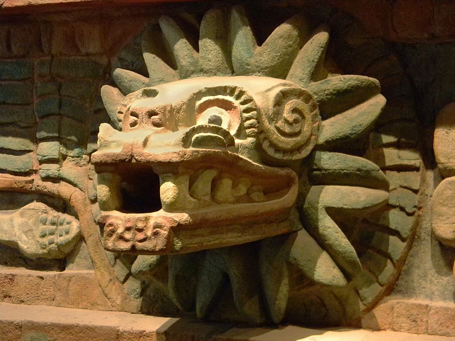 photo gray and brown dragon head statue, Quetzalcoatl, God, Aztec