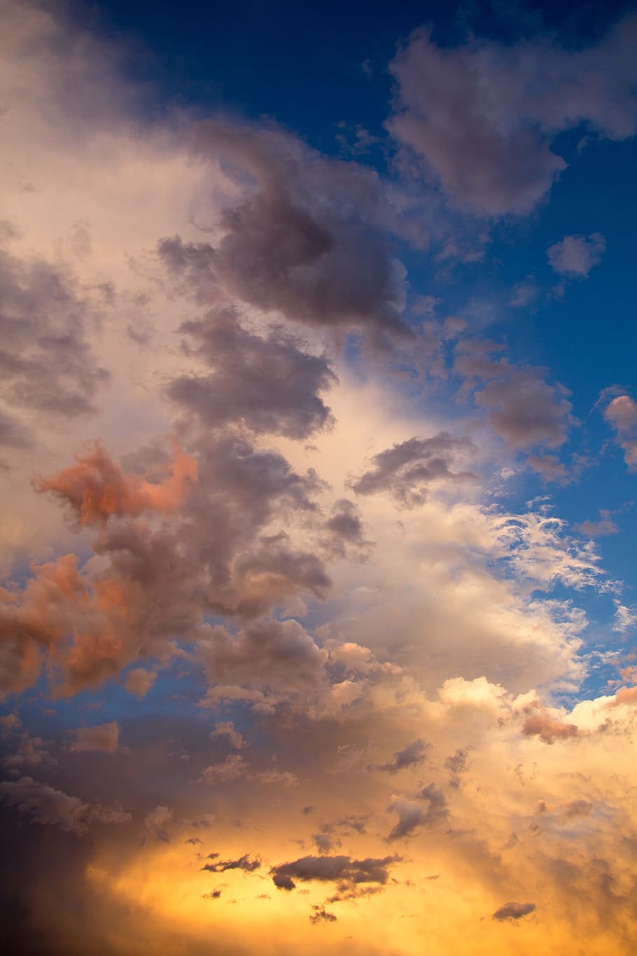 sky during golden hour, clouds, air, storm, orange, blue, blue sky, HD wallpaper