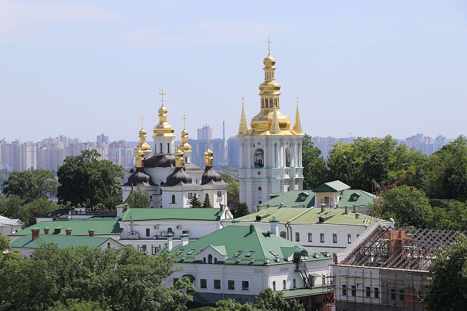temple with gold spires at daytime, kiev pechersk lavra, church