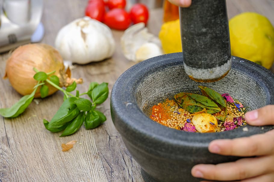 person dicing vegetables in mortar and pestle, spices, spice mix, HD wallpaper