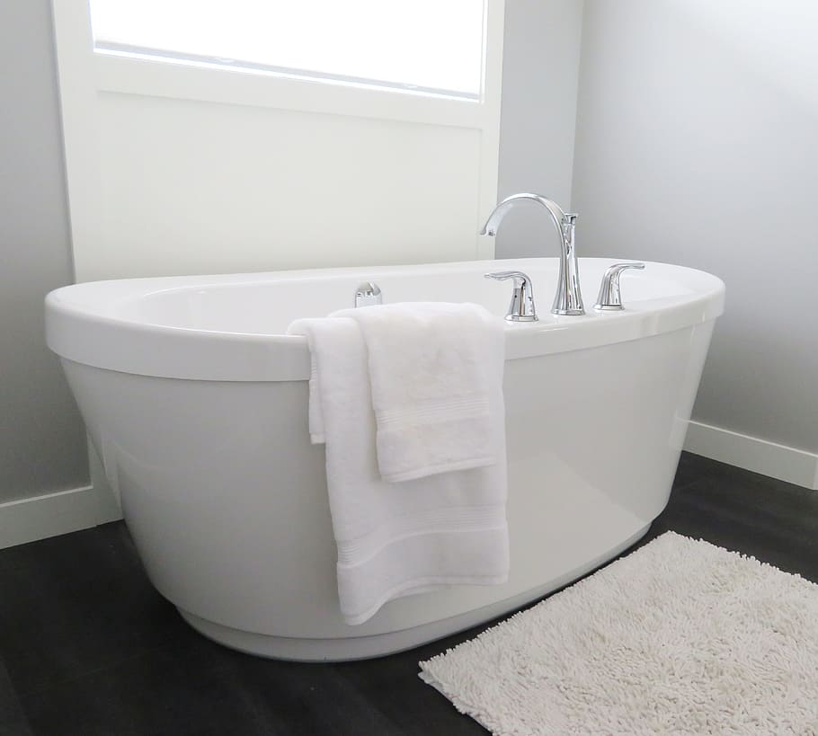 white enamel bathtub with towel, Bath, White, bathroom, modern, HD wallpaper
