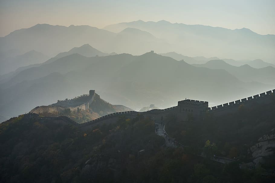 mountain, sunset, landscape, panoramic, china, great wall, border HD wallpaper
