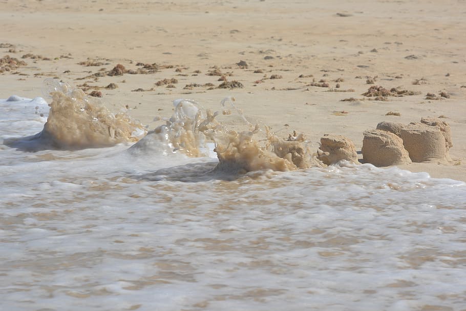 sand castle, waves, beach, nature, land, water, sea, motion HD wallpaper