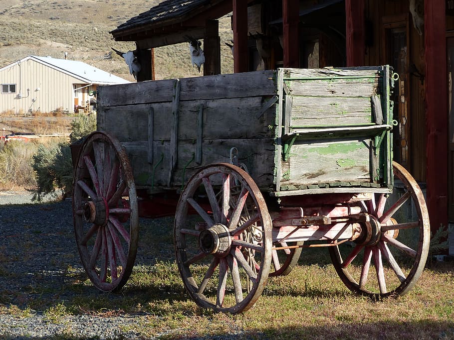 green and brown carriage beside house, deadman, ranch, ancient