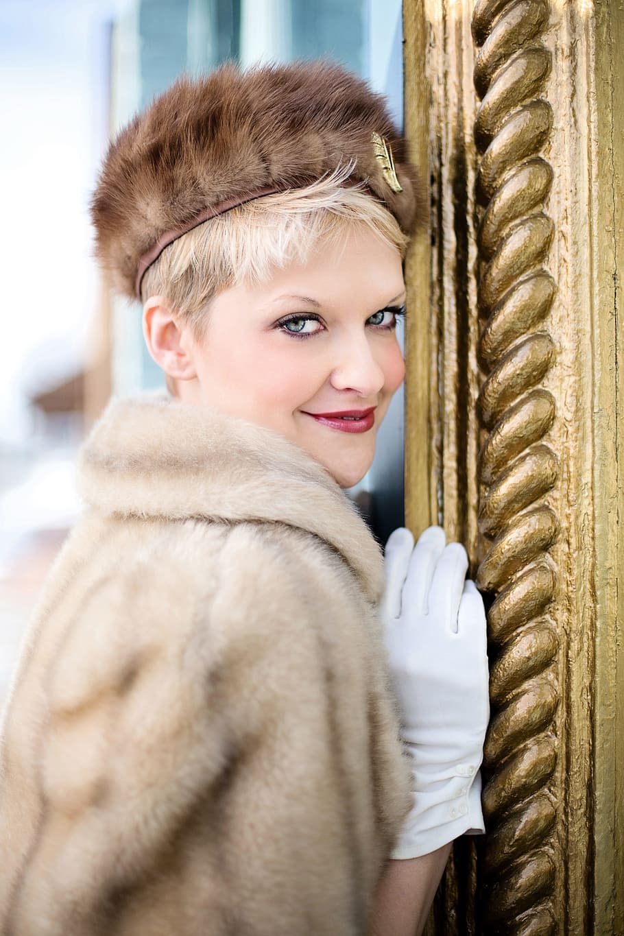 woman wearing brown fur coat, vintage, winter, blonde, pretty young woman