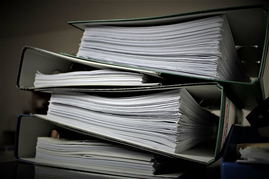white albums piled, bureaucracy, aktenordner, paperwork, office