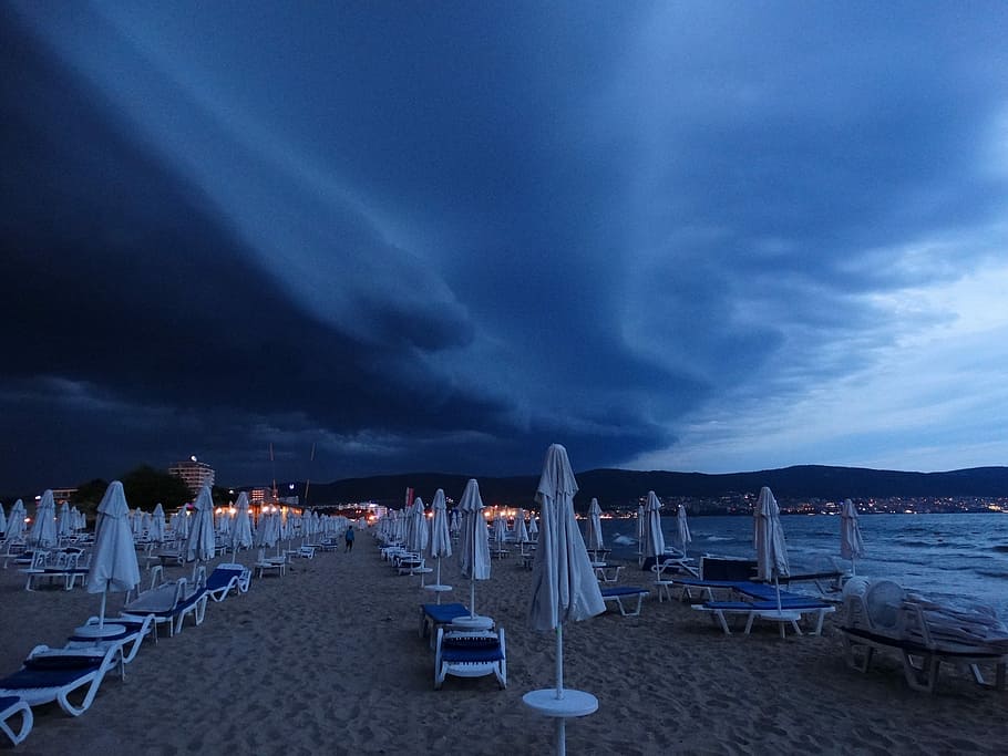 Cloud, storm, great, beach, sand, chair, sea, in a row, cloud - sky HD wallpaper