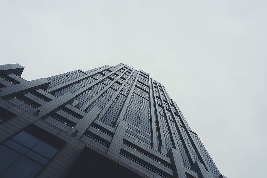 worm's-eye view photography of black building, low angle view of high rise building HD wallpaper