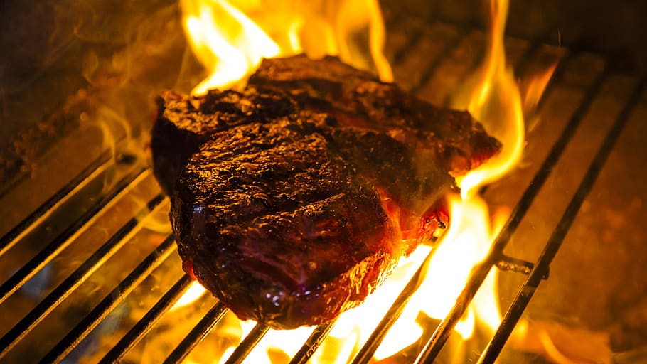 grill party, barbecue, steak, carbon, hot, fire, open fire, HD wallpaper