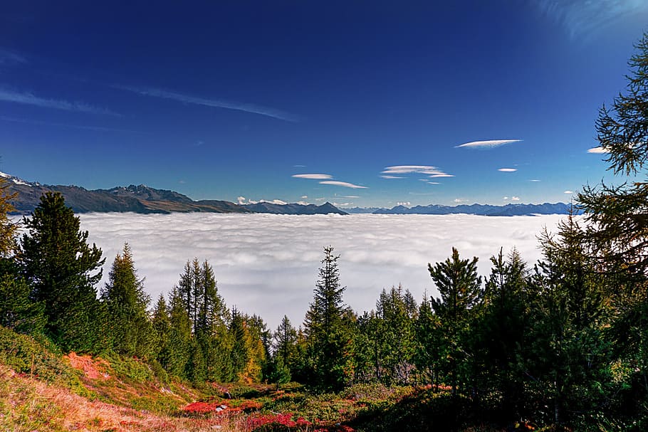 panorama, clouds, landscape, sky, trees, autumn, mood, mountains HD wallpaper