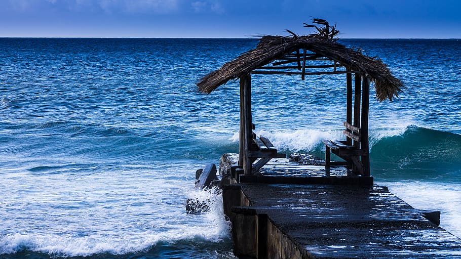 tobago, beach, jetty, sea, water, motion, sky, wave, nature
