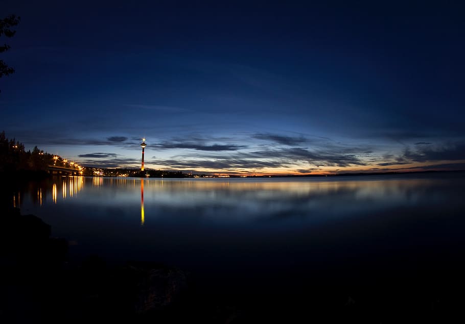 sea, ocean, water, wave, nature, tower, lights, reflection HD wallpaper