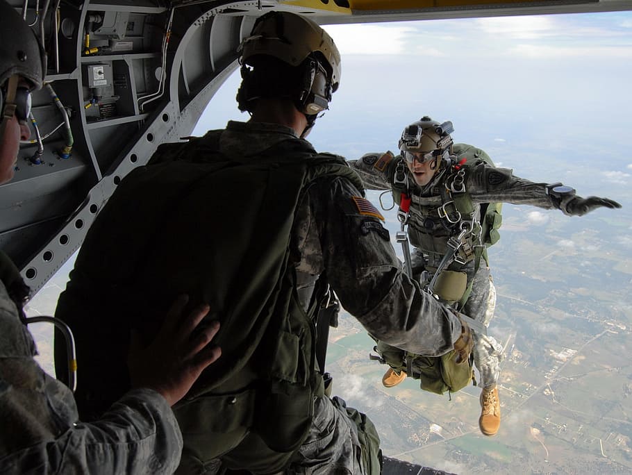 man jumping from plane, parachute, skydiving, parachuting, training