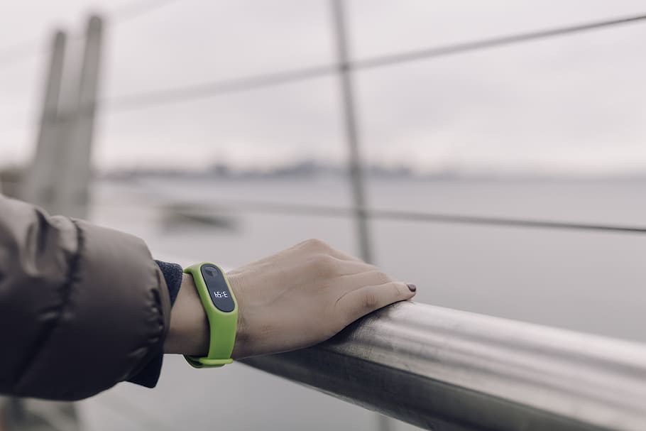 person holding hand rail, green, band, exercise, tracker, fitness HD wallpaper