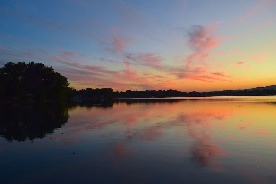 sunset, lake, clouds, pink, sky, blue, nature, trees, summer HD wallpaper