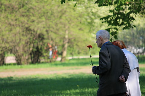 man holding red petaled flower beside woman while walking during daytime HD wallpaper