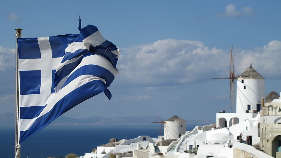 Flag, Greece, Santorini, architecture, built structure, day HD wallpaper