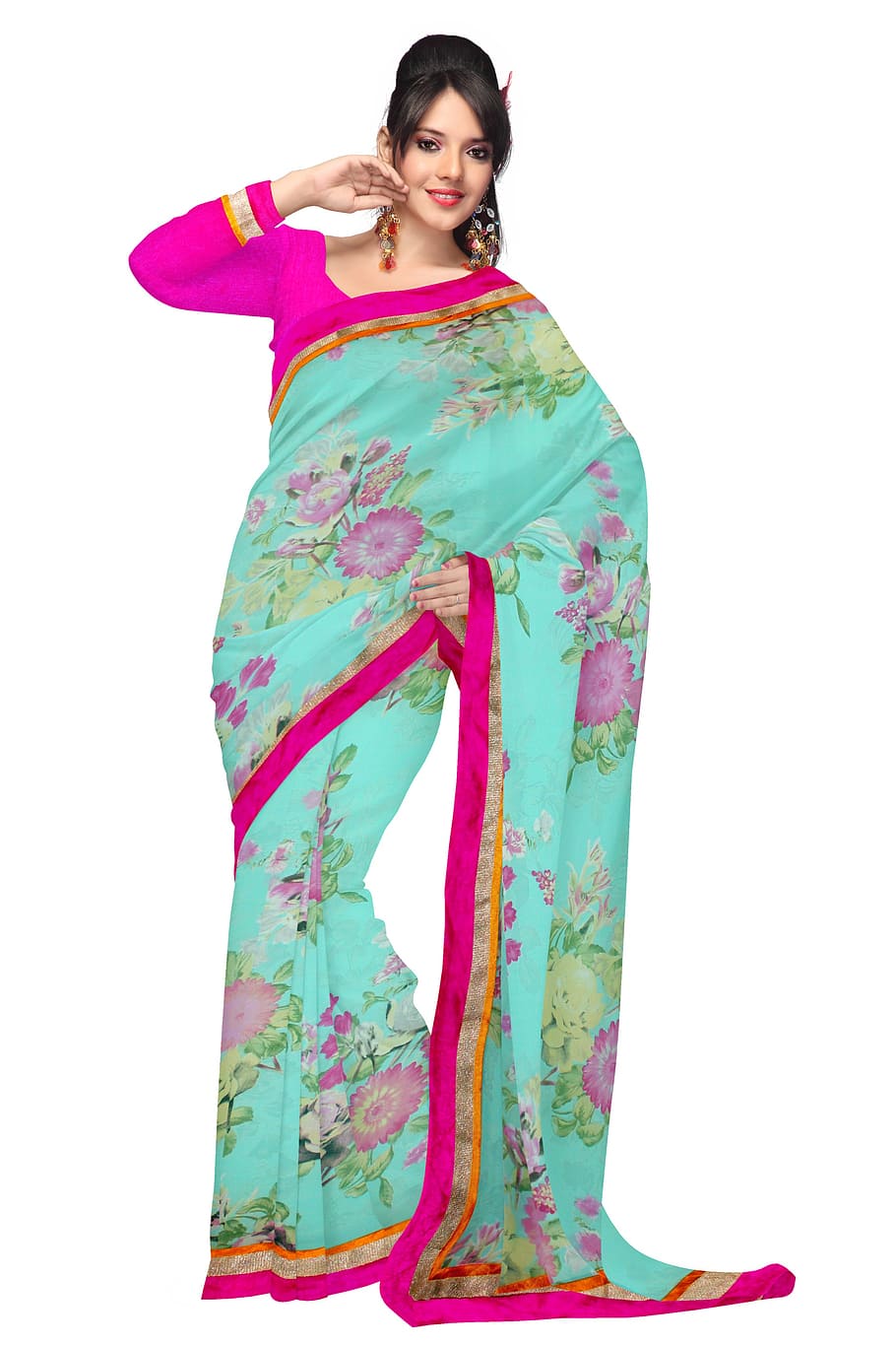 woman wearing green and pink floral sari dress, fashion, silk