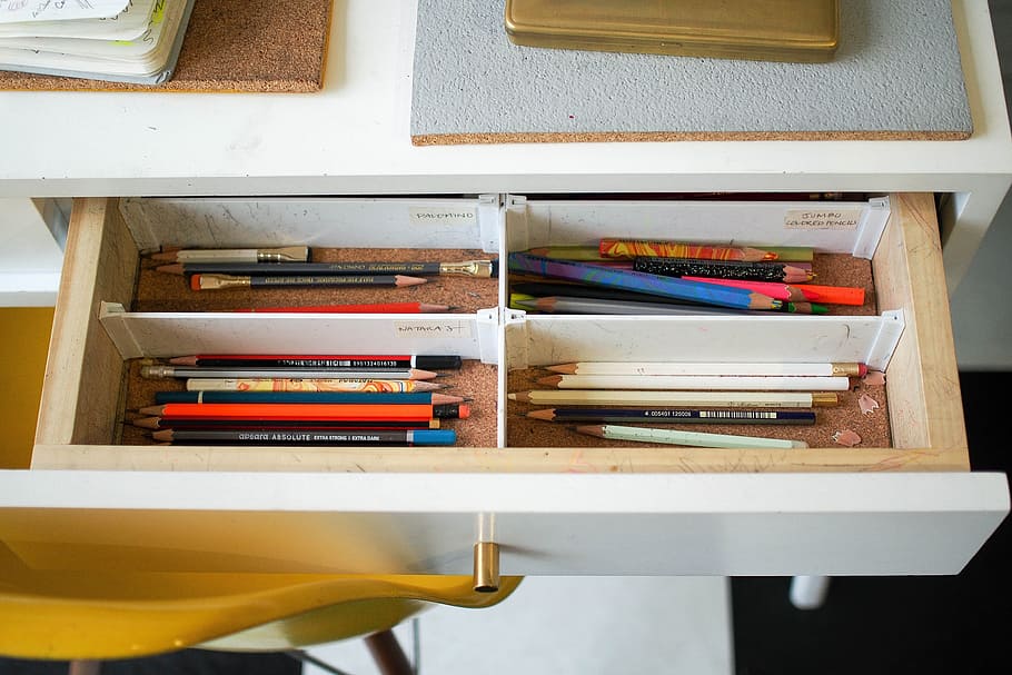 colored pencils in white wooden drawer, pencils inside drawer HD wallpaper
