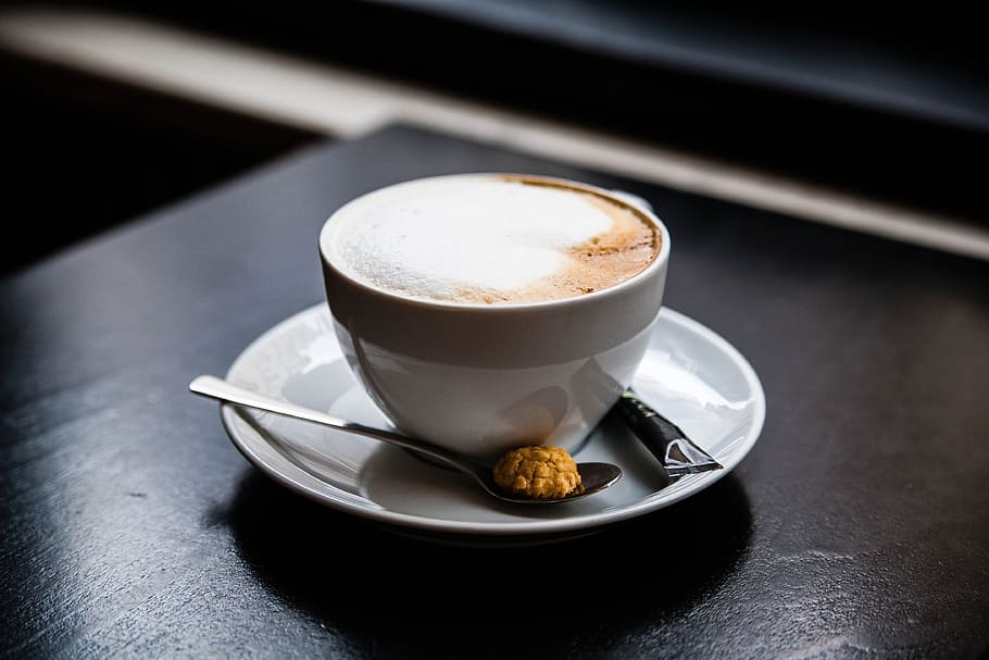 cup of latte on saucer with gray spoon, cappuccino, coffee HD wallpaper