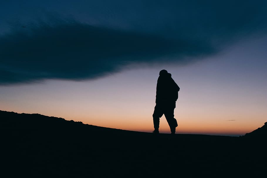 silhouette photo of man, cloud, sky, mountain, highland, peak HD wallpaper