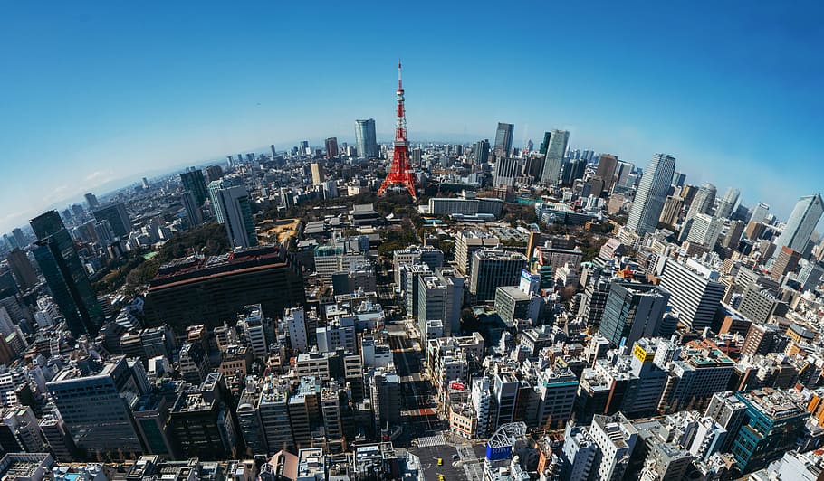 fish eye photography of red and white tower and cityscape, high-angle photography of concrete buildings under blue and white sky at daytime, HD wallpaper