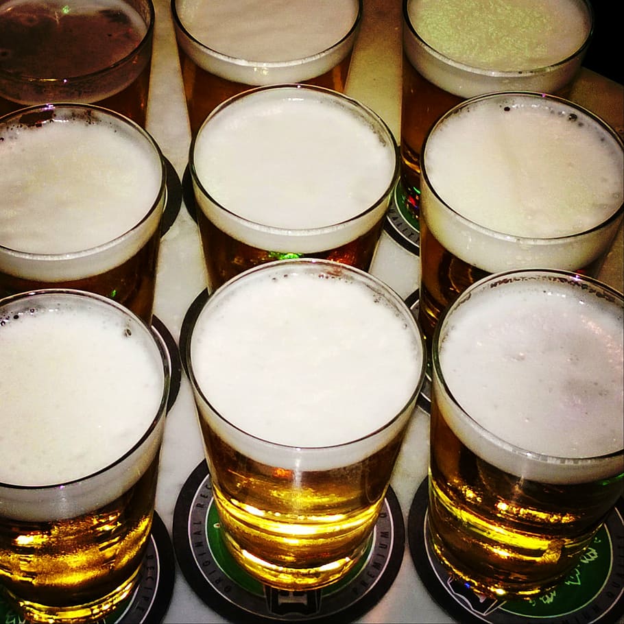 glass with beer lot, cold, beverage, alcohol, drink, mug, bar HD wallpaper