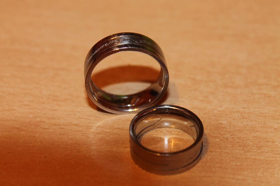 rings, wedding rings, two, together, table, wood - material HD wallpaper
