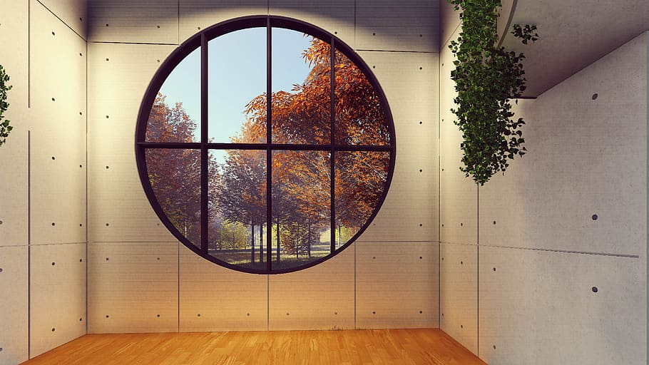 round black framed clear glass window, house, door, inside, indoors, HD wallpaper