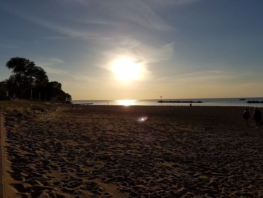 beach, lake, sun, moon, ohio, sky, land, sunset, sand, water HD wallpaper
