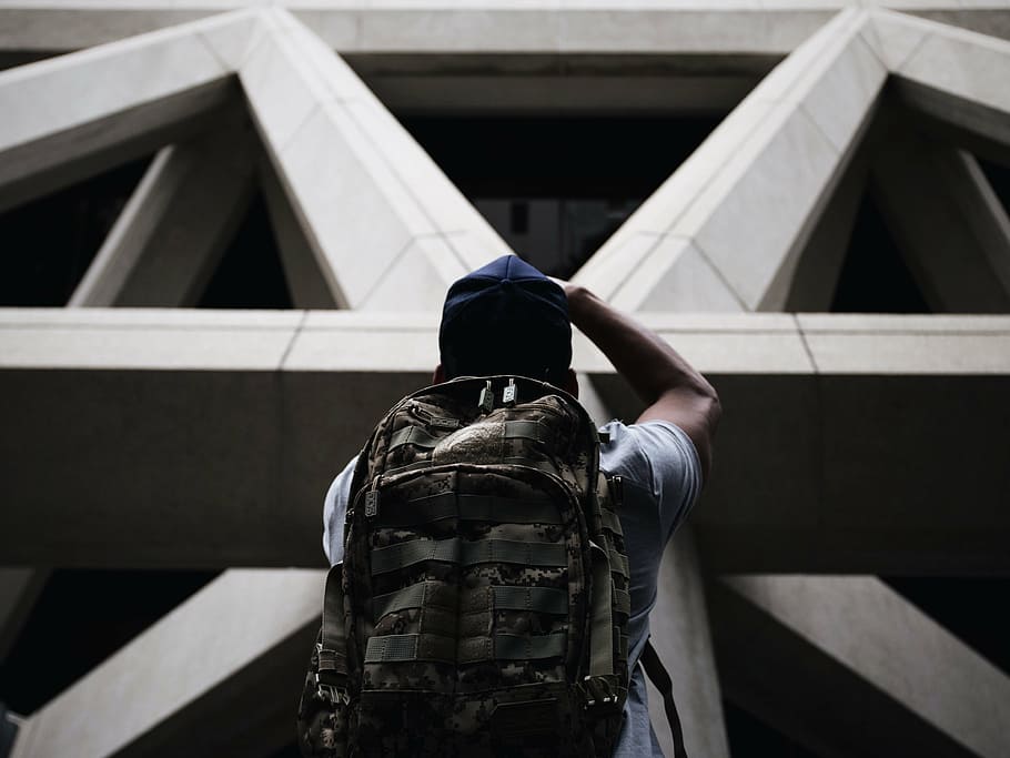 architecture, backpack, building, man, person, rear view, built structure HD wallpaper