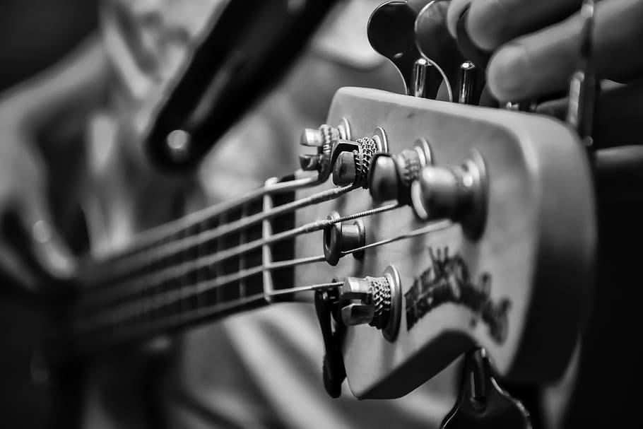 grayscale photography of guitar headstock, music, low, electric bass, HD wallpaper