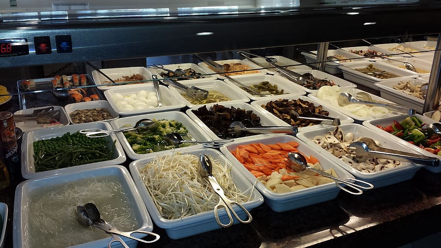 assorted dishes on food trays, buffet, vegetables, wok, food and drink HD wallpaper
