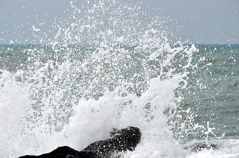 Sea, Scum, Rock, motion, splashing, water, wave, power in nature HD wallpaper