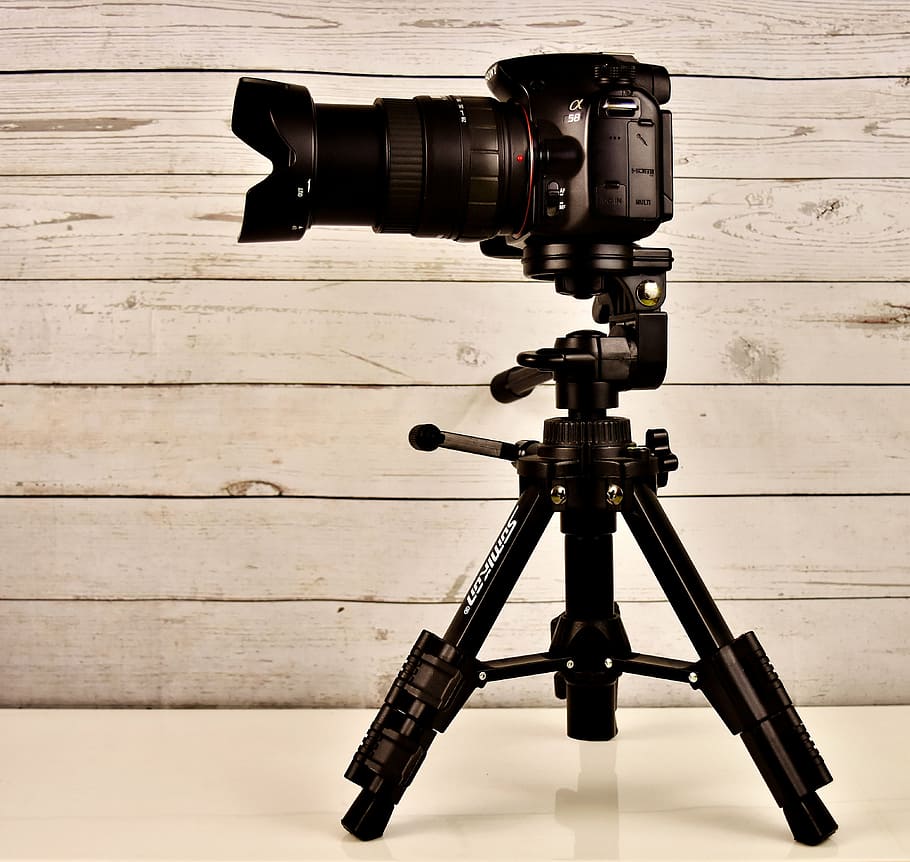 black DSLR camera on top of tripod, sony slt-a58, digital camera HD wallpaper