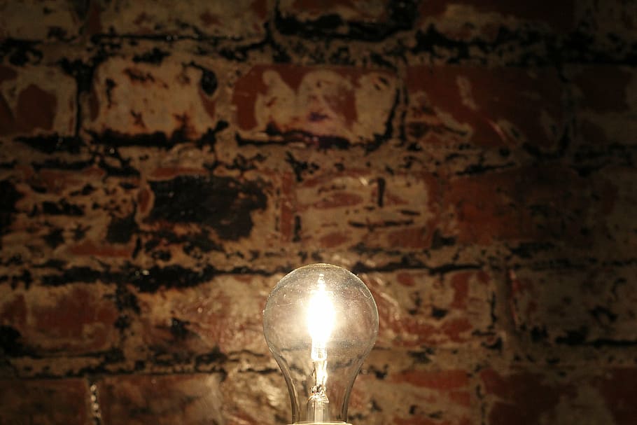 lighted light bulb, wall, idea, brick, industrial, illuminated HD wallpaper