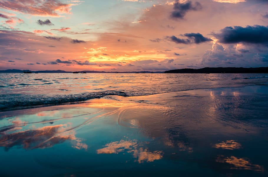 light, sea, dawn, landscape, beach, clouds, dusk, evening, island HD wallpaper