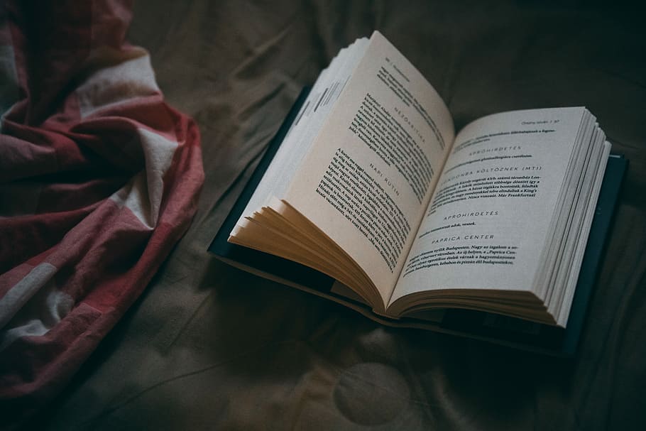 book on brown textile, open book on bed, reading, pages, type HD wallpaper