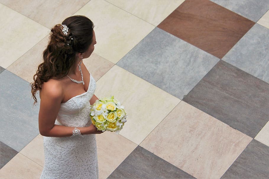 woman wearing white wedding dsress, bride, bouquet, girl, just married, HD wallpaper